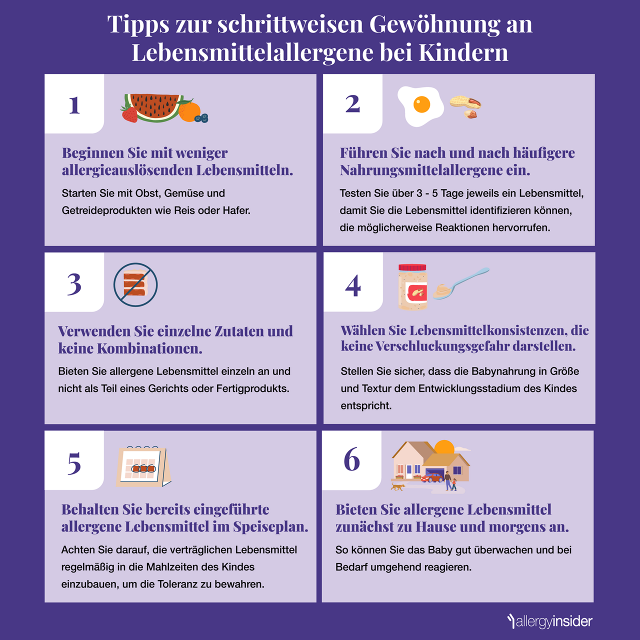  Infografik, die die sechs Schritte zur Einführung von Nahrungsmittelallergenen bei einem Kind zusammenfasst