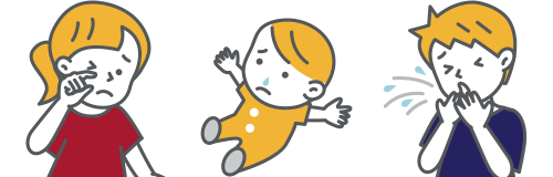 目や鼻をこするしぐさ、瞬きが増える、鼻をすする、鼻出血、くしゃみ、水性の鼻水、いびき、口呼吸