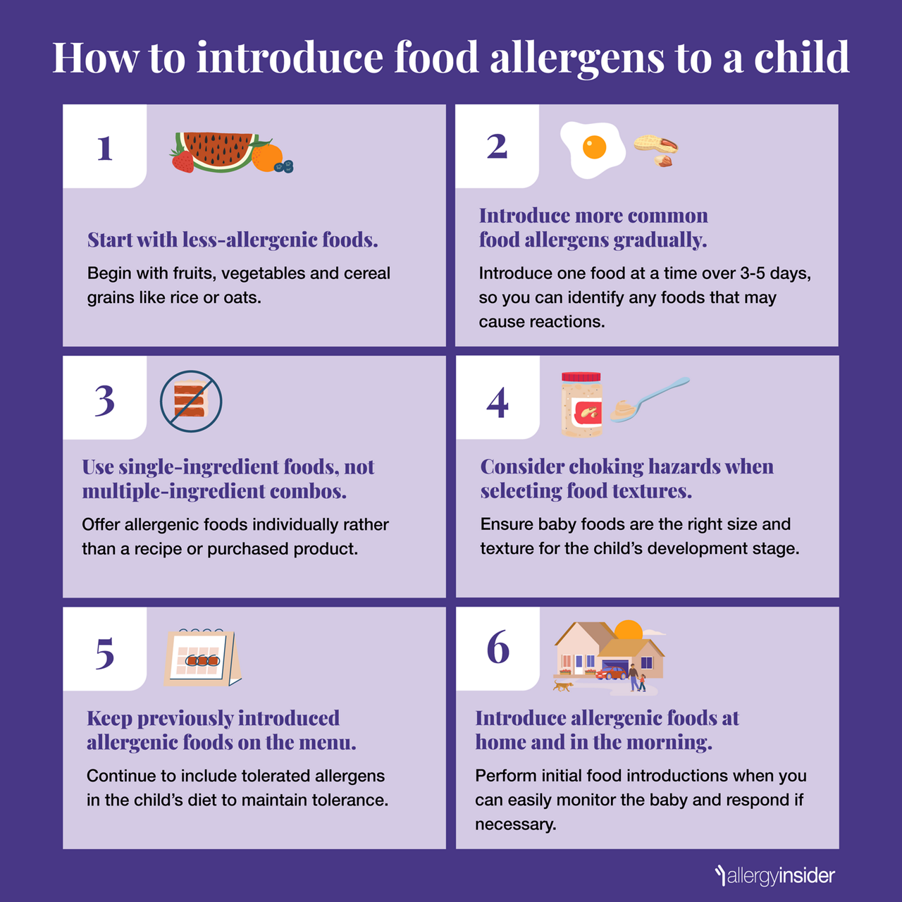 Infographic summarizing the six steps on how to introduce food allergens to a child