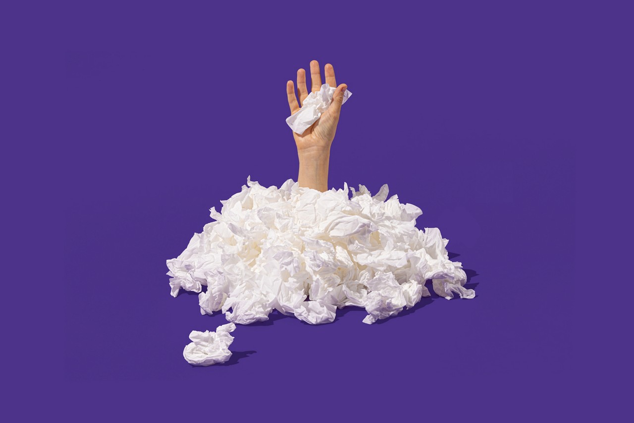 Patient reaching through tissues searching for answers to their allergy questions. Don't put your health on hold | the hidden cost of  ignoring allergies 