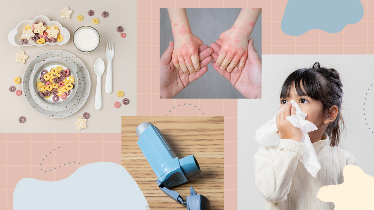 Photo collage of a blue allergic asthma inhaler, child with allergies blowing their nose, child and parent holding hands, and a bowl of cereal with milk which both contain potential food allergens 