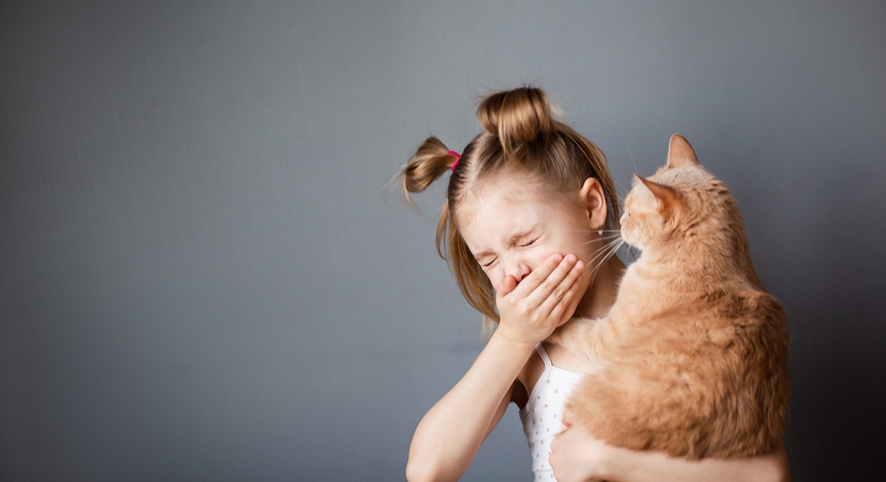 girl sneezing holding cat