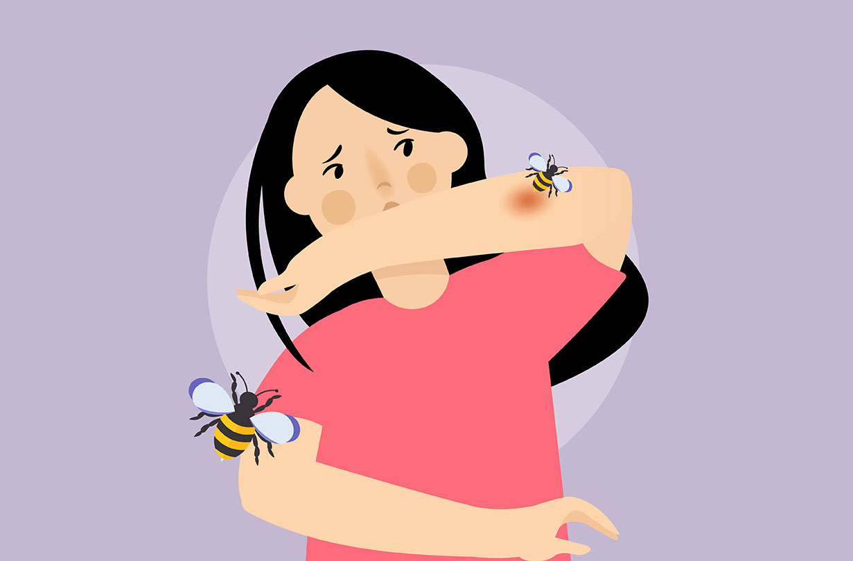 Illustration of a girl getting stung by a couple of bees.
