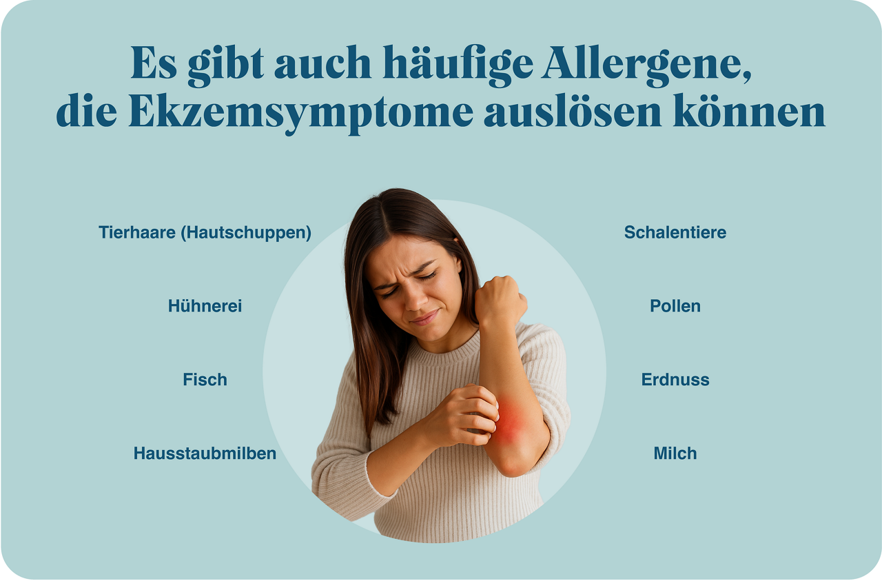 There are also common allergens that may cause eczema symptoms such as: animal dander, egg, fish, dust mites, shellfish, pollen, peanut, milk.