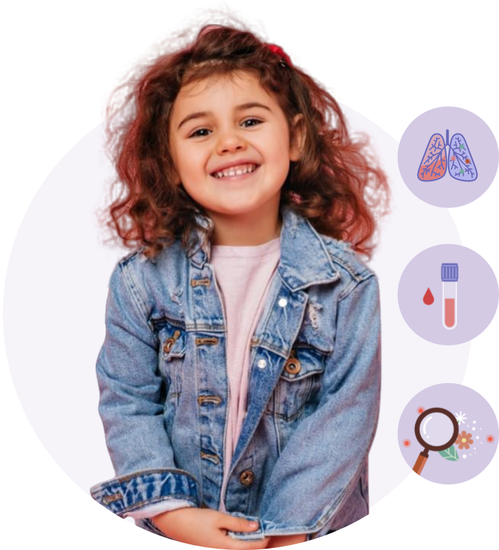 Young girl in jacket alongside allergy icons | Allergic asthma