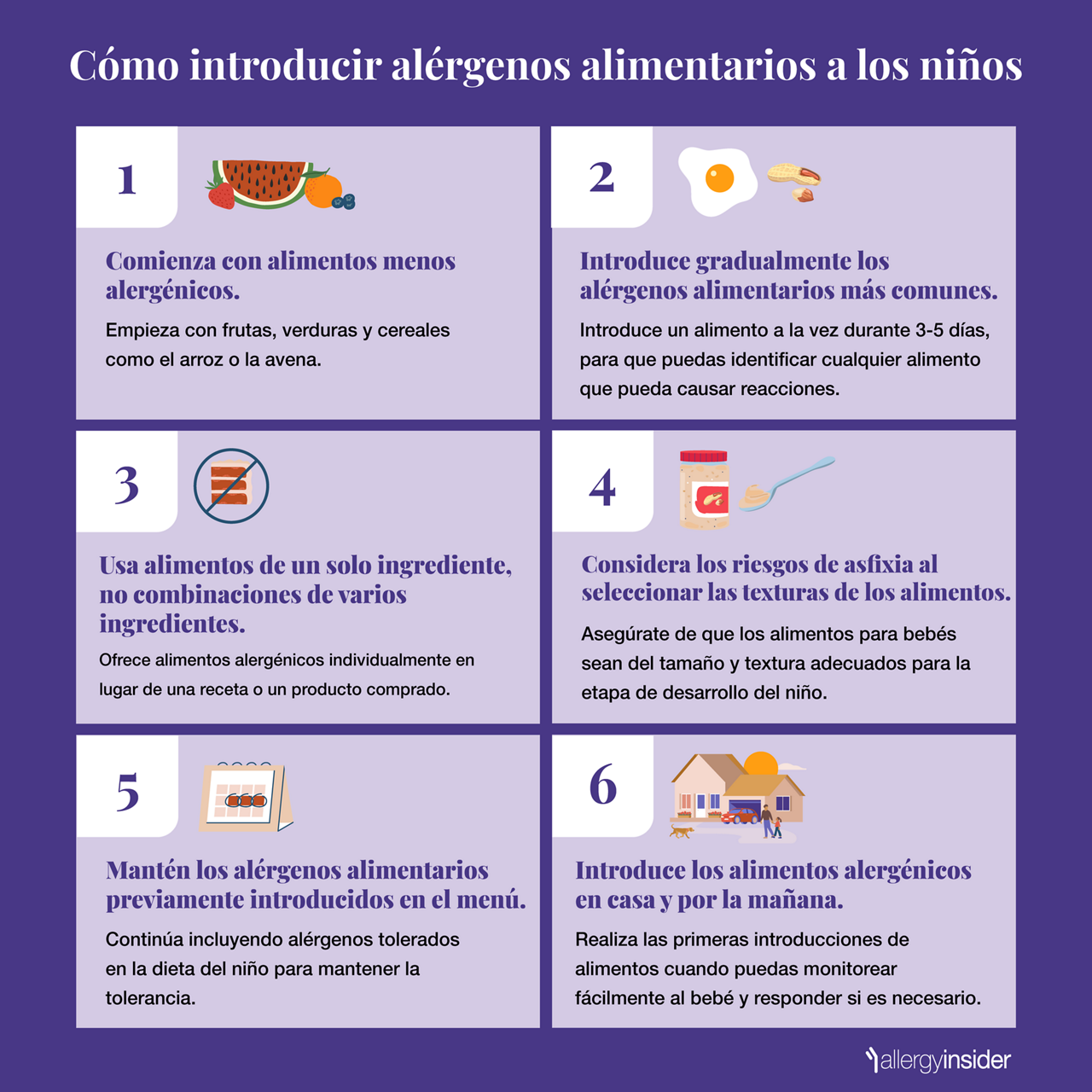 Infografía que resume los seis pasos sobre cómo presentar los alérgenos alimentarios a un niño