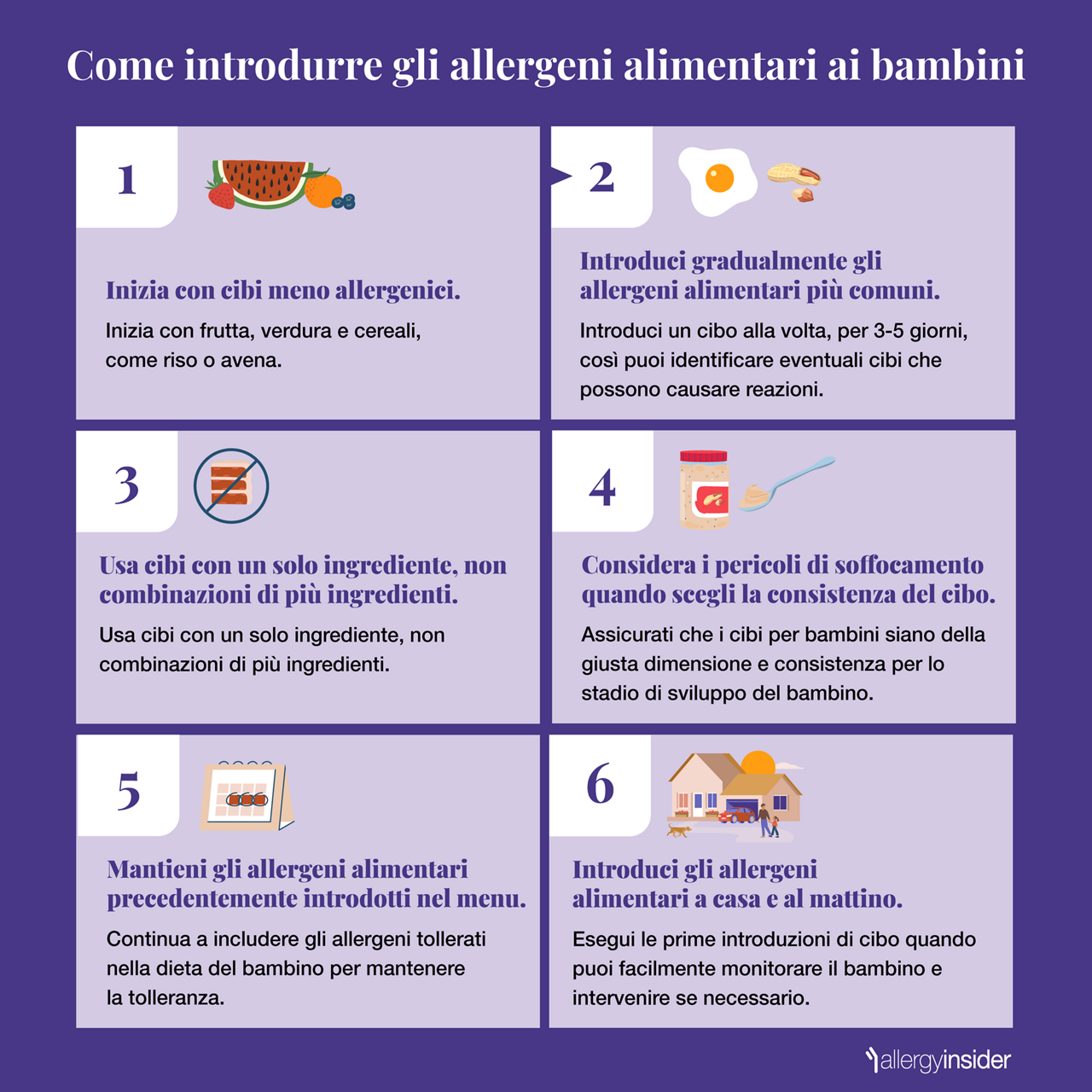 Infografica che riassume i sei passaggi su come introdurre gli allergeni alimentari a un bambino