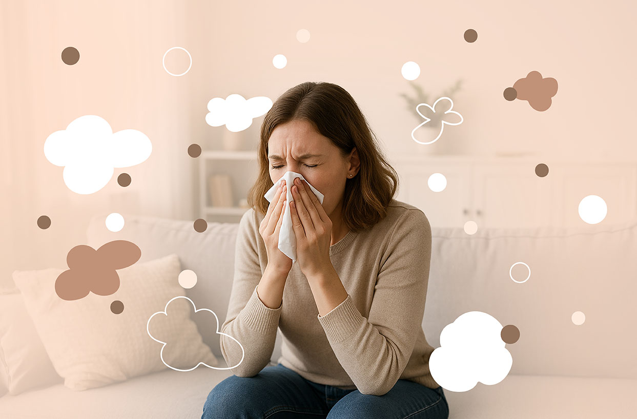 A woman blowing her nose in a tissue with illustrative allergy components in the air around her.