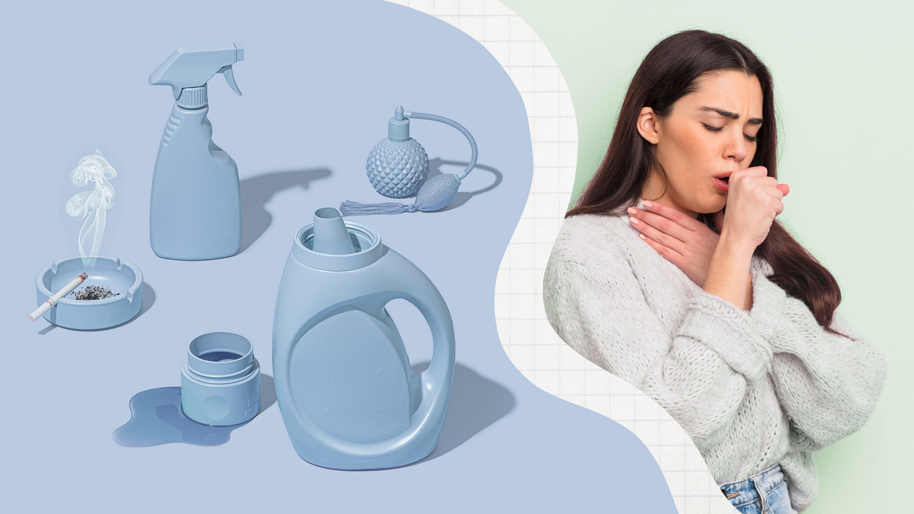 A girl experiencing allergies trying to decide if the cleaning products, perfume, cigarette smoke, laundry detergent , or other pollutants are causing her to have an allergic reaction.