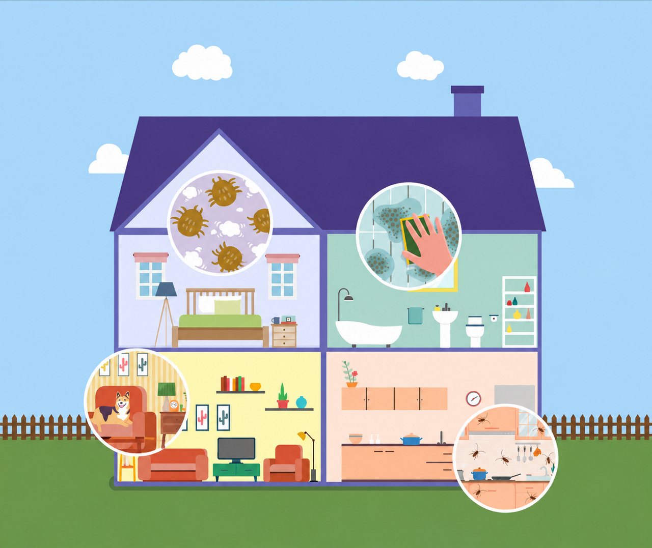 common indoor allergens - pet dander (dog and cat), mold, pests like cockroaches and dust mites.