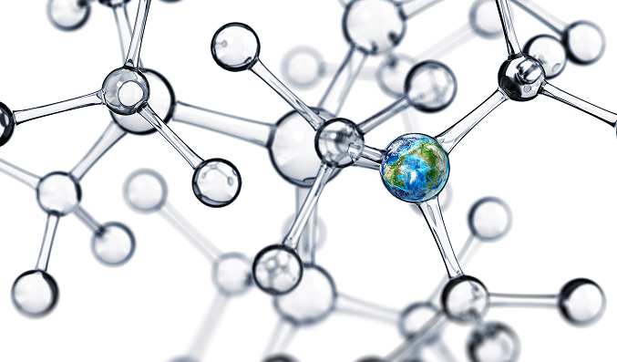 Molecular structure with earth globe network visualization