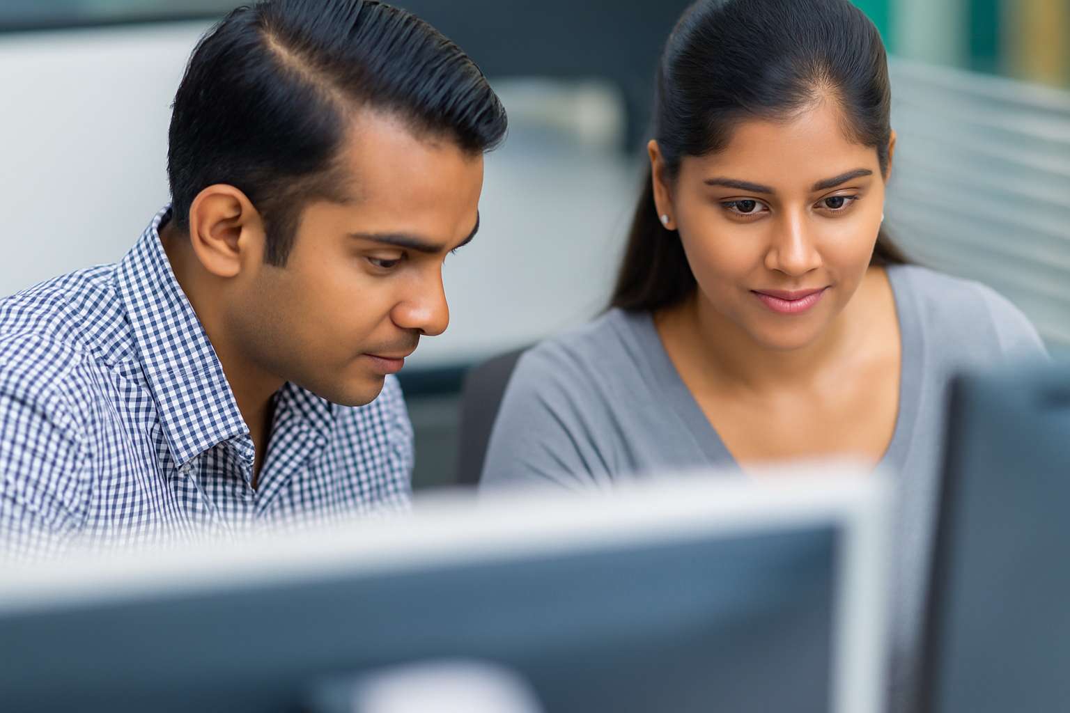 Coworkers reviewing computer data together visualization
