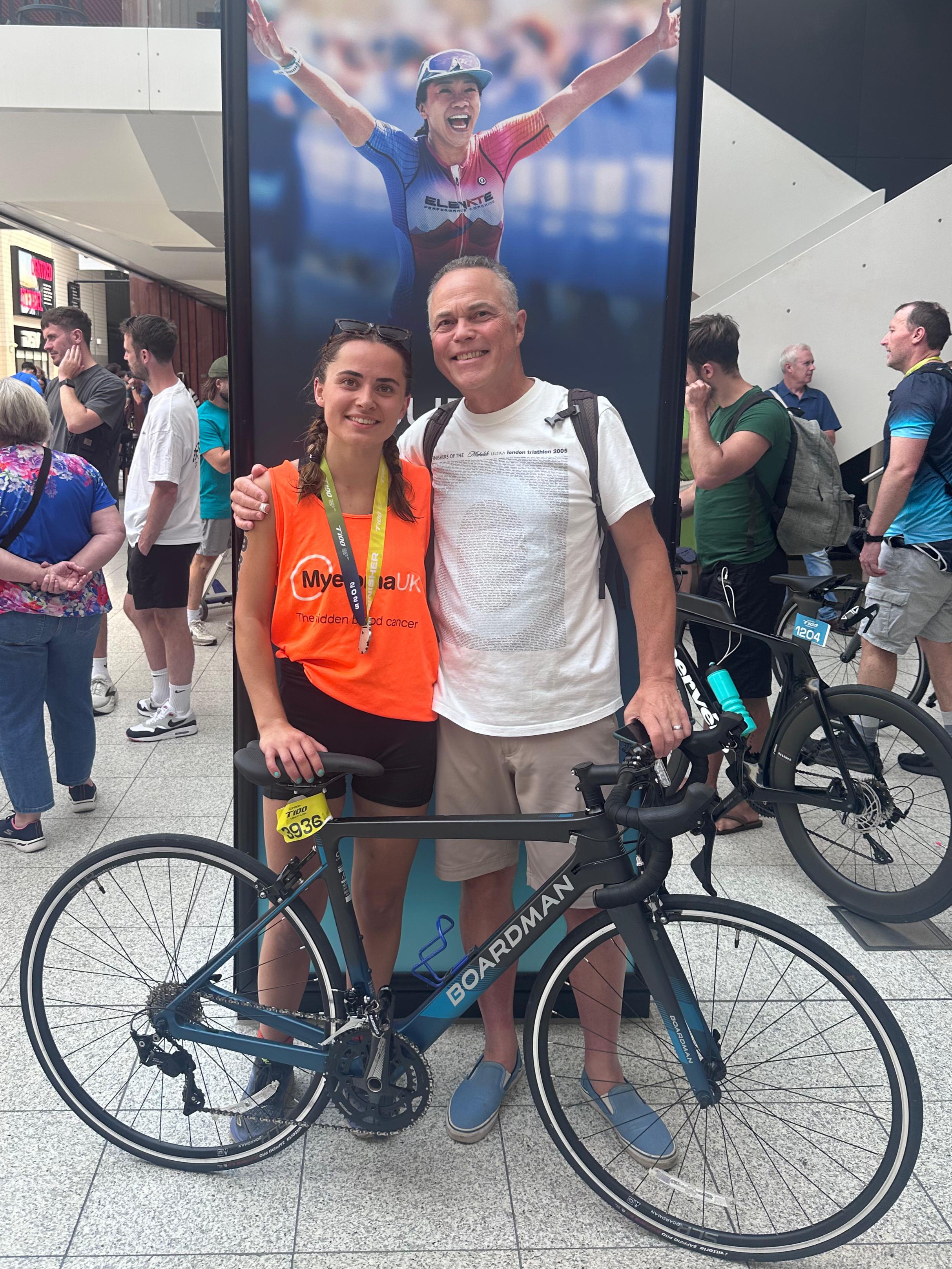 Scott Meech and his daughter, Lily, after she finished the 2025 London Triathlon in just over 3 hours.