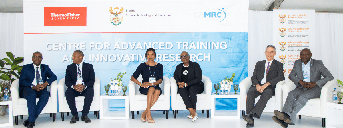 Panel from left to right: Dr Mlungisi Cele, DG at DSTI, Prof Ntobeko Ntusi, President and CEO at SAMRC, Urmi Richardson, Nomalungelo Gina, Deputy Minister at DSTI, Dr Nicholas Crisp, Deputy Director at Department of Health and Prof Pesscal Bessong from the University of Venda